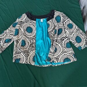 SilkLand Women’s 2X Open Front Jacket Black White Print Beaded Collar Teal Lined